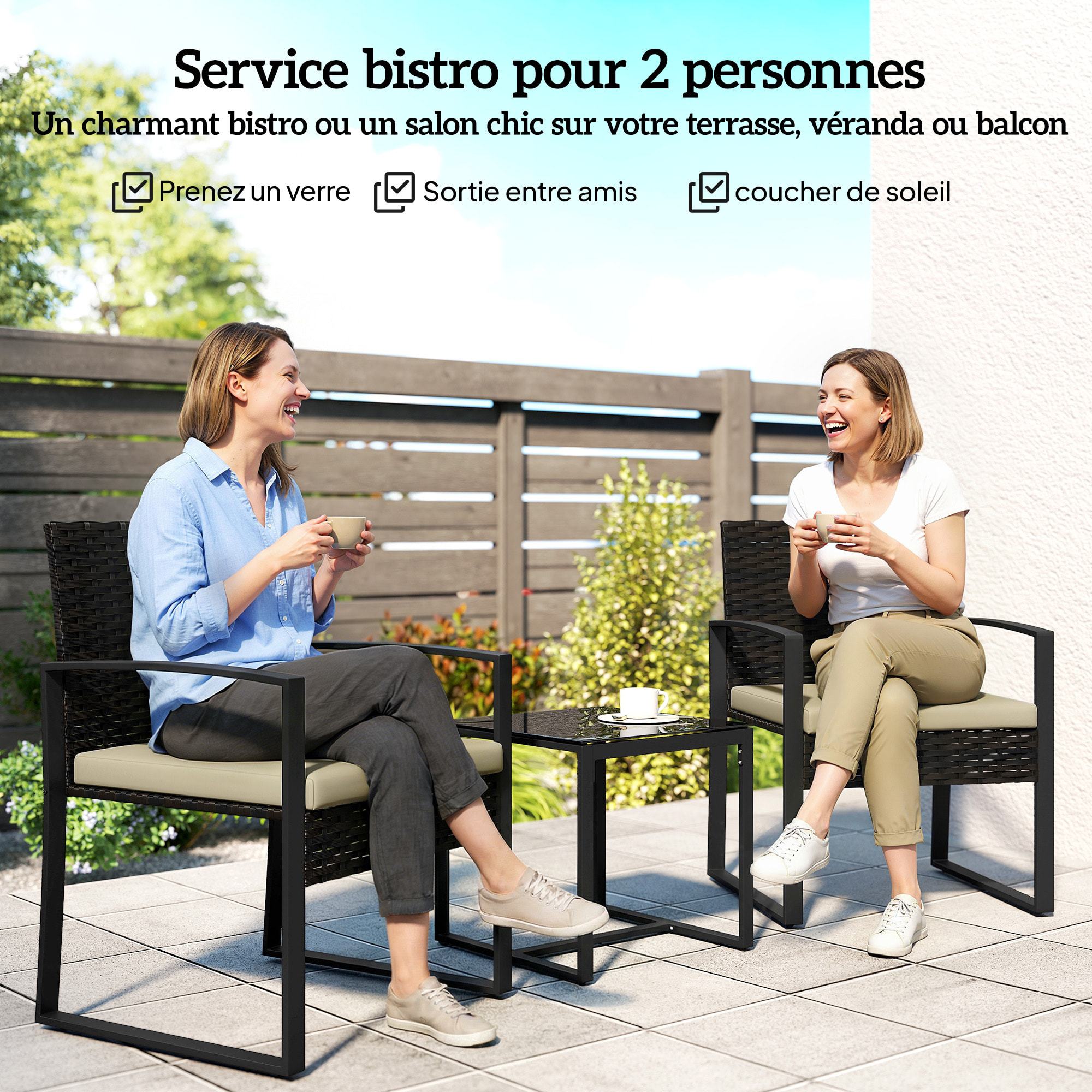 Salon de jardin 2 places 3 pièces avec coussins plateau verre trempé résine tressée 6 fils kaki