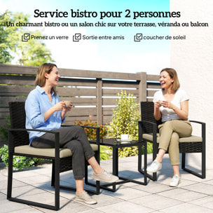 Salon de jardin 2 places 3 pièces avec coussins plateau verre trempé résine tressée 6 fils kaki