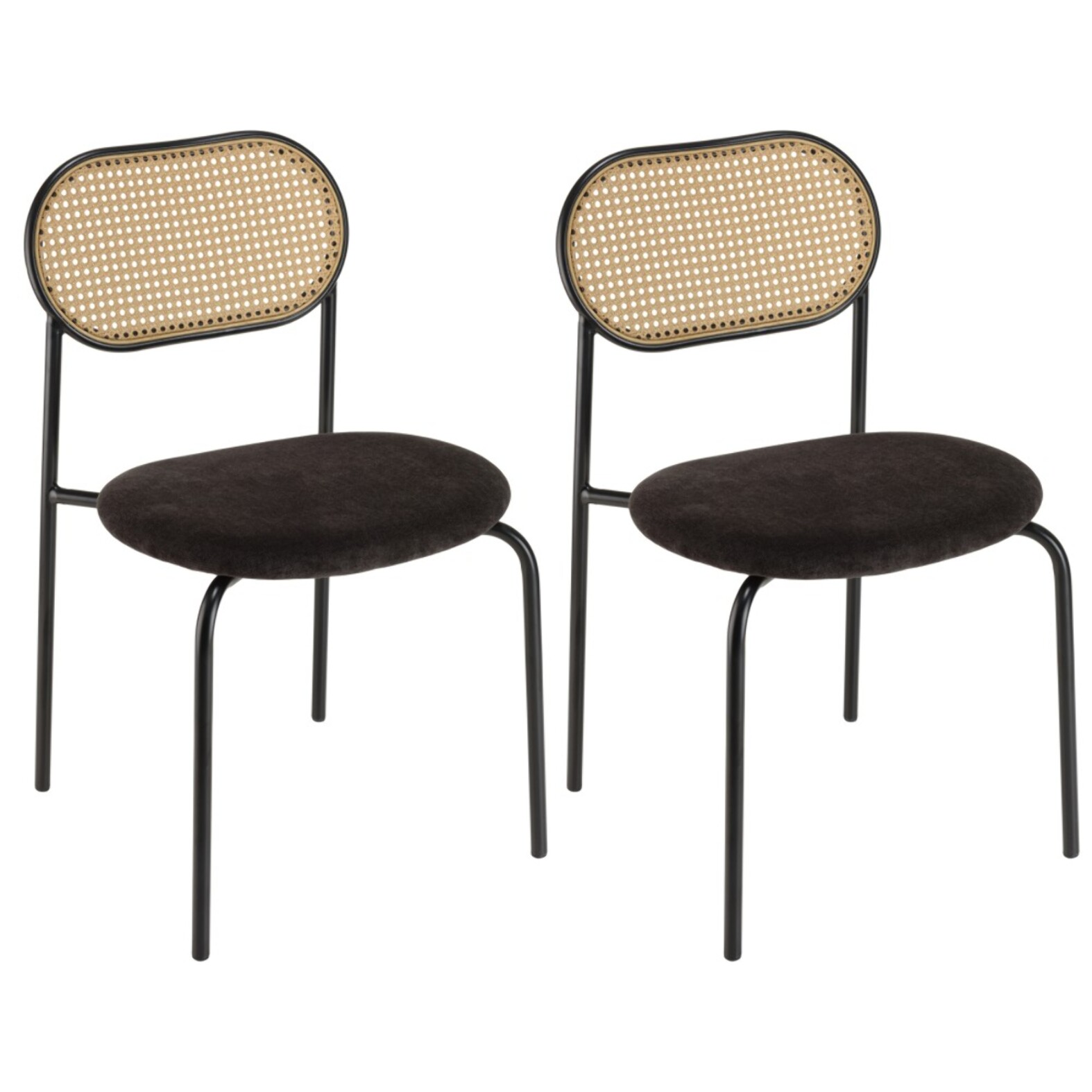 LEA - Lot de 2 chaises assise tissu noir dossier effet cannage et métal