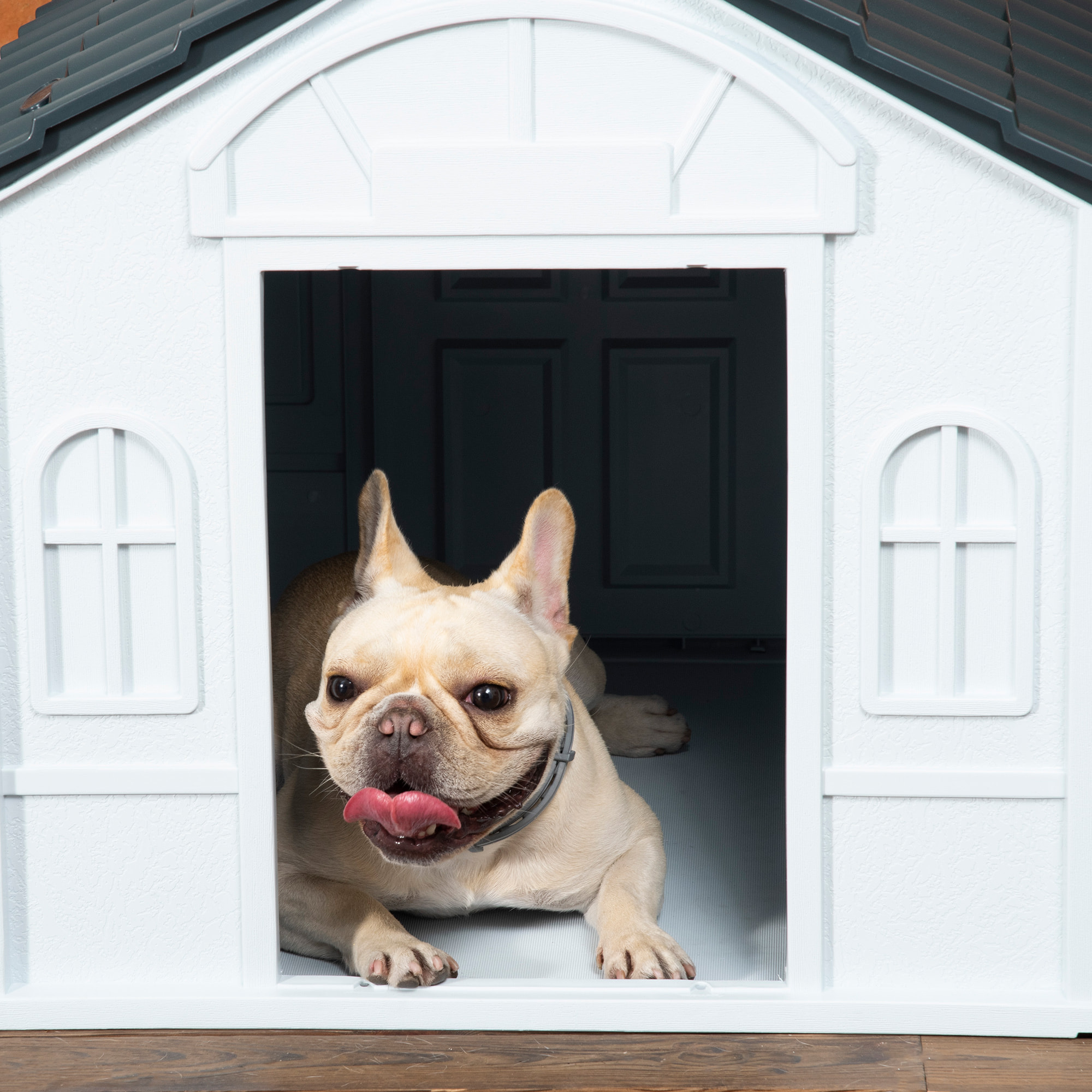 Niche chien style cottage dim. 65L x 75l x 63H cm - motifs fenêtres, porte, aération - PP blanc gris