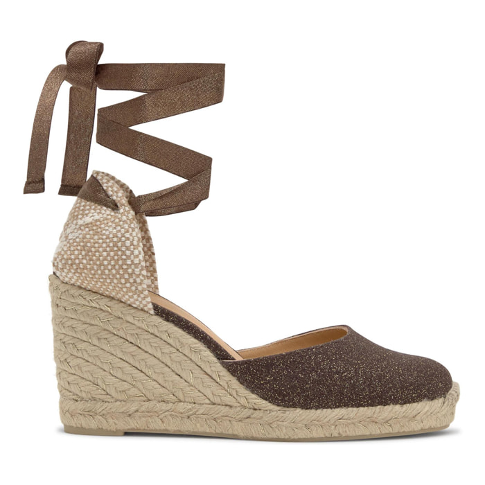 Alpargata de cuña Carina en lino metalizado con cierre de cintas