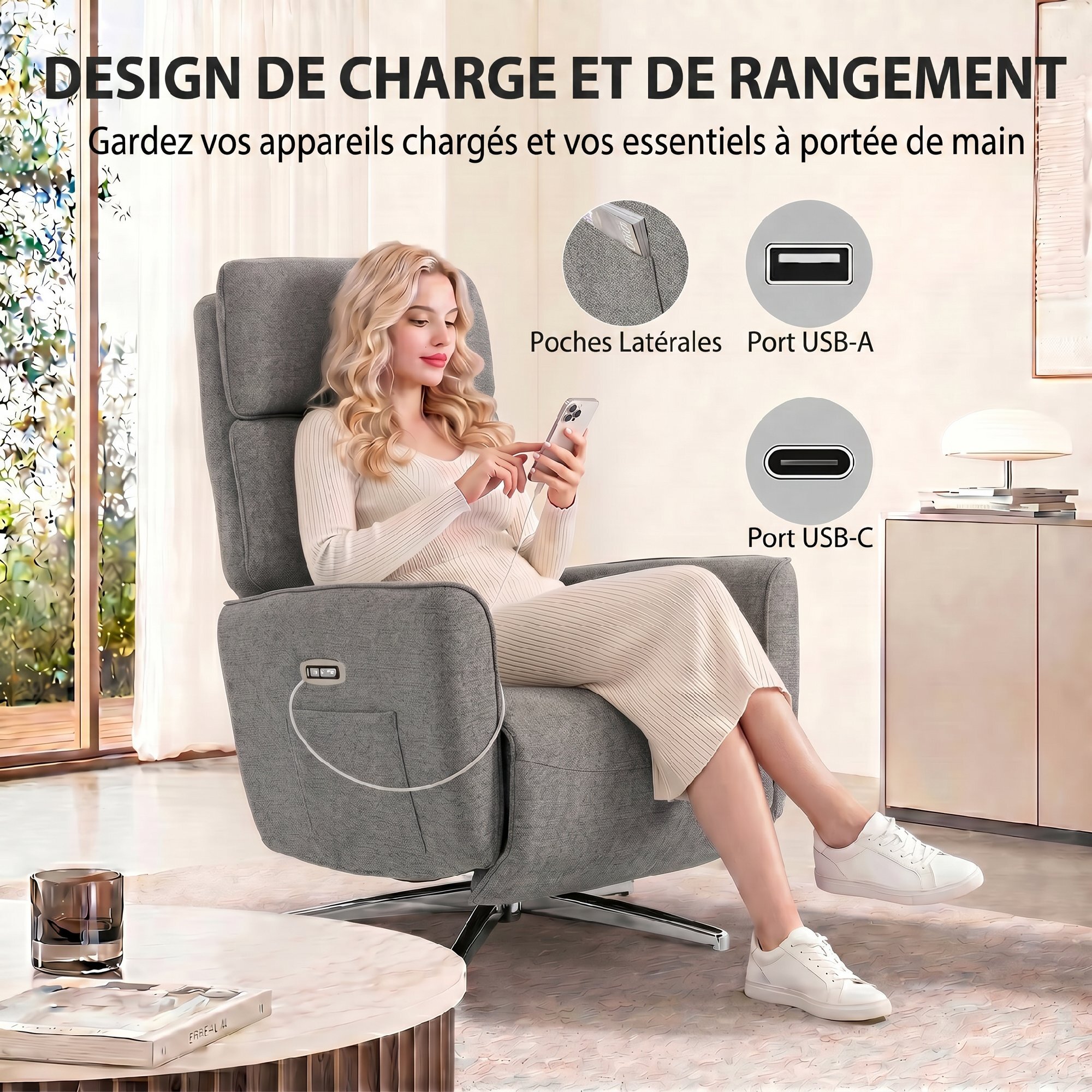 Fauteuil relax design électrique pivotant inclinable réglable acier chromé tissu gris