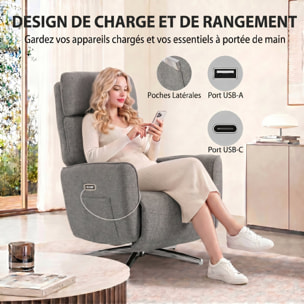Fauteuil relax design électrique pivotant inclinable réglable acier chromé tissu gris
