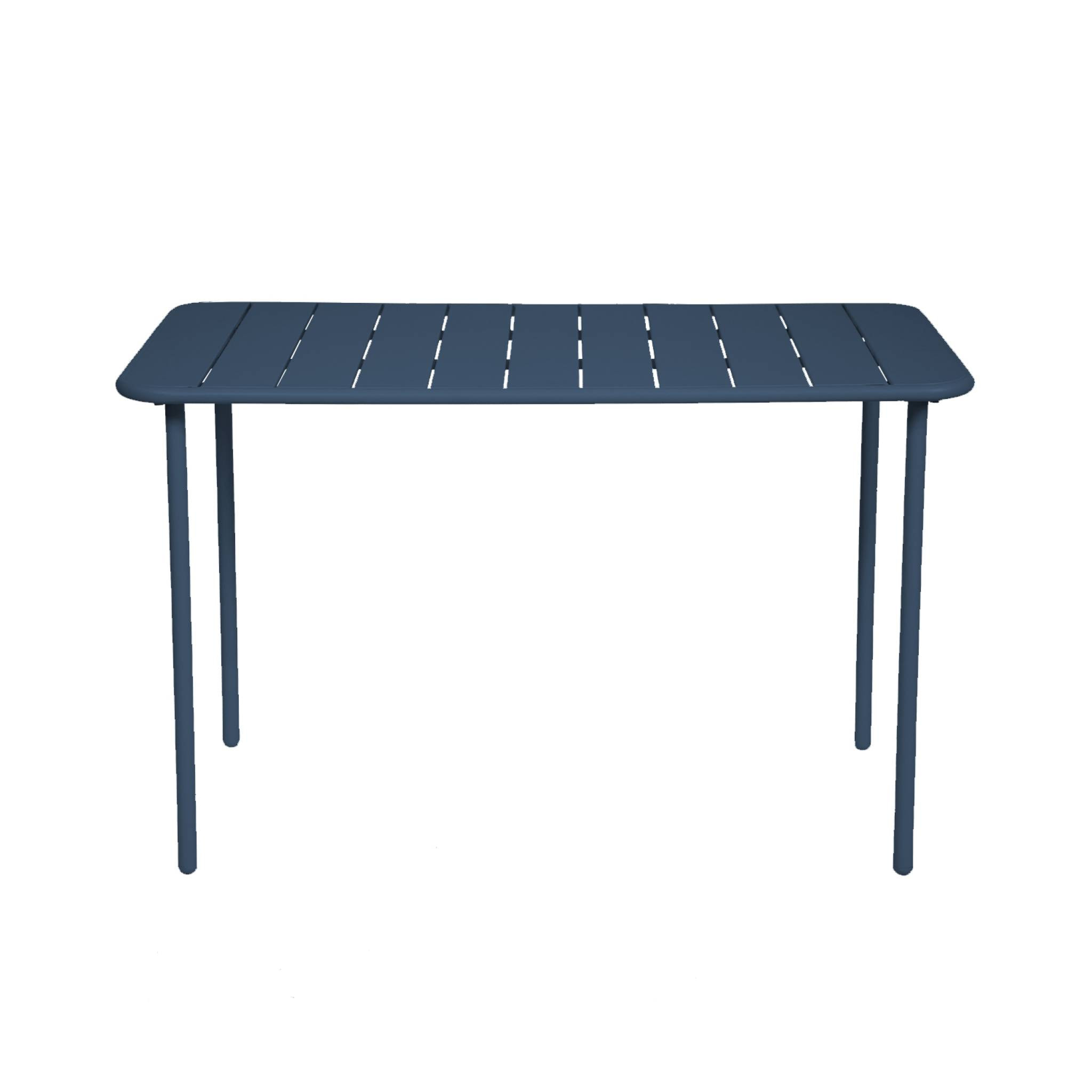 Table de jardin métal 4 places. marine. Amelia. 120x70cm. traitement antirouille. lattes et bords arrondis