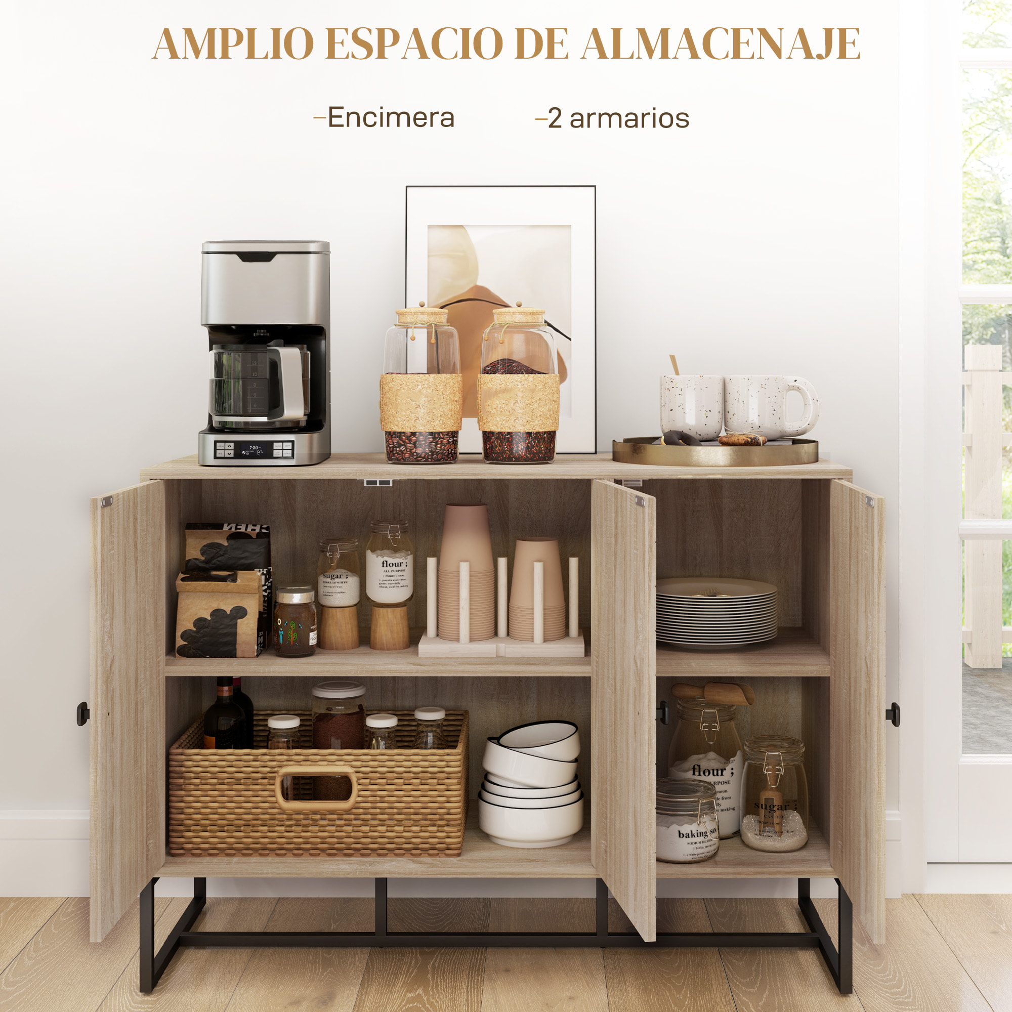 Aparador de 3 Puertas con Diseño Chevron, Aparador de Salón con Estantes Ajustables, Patas de Acero, para Cocina, Entrada, Dormitorio, Roble, 108x40x80 cm