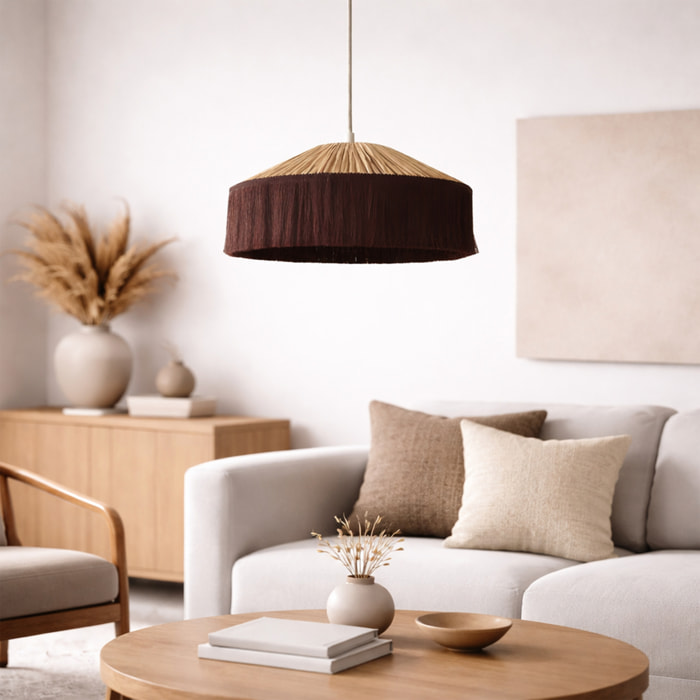 Abat-jour suspension en papier façon raphia et franges - Marron chocolat