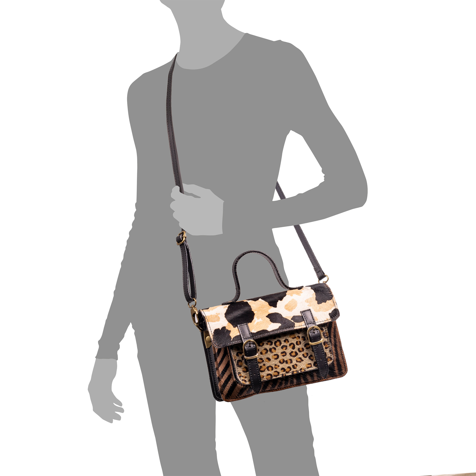 Assoro borsa a tracolla con doppia fibbia, pelle autentica Cavallino stampata.