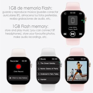 Smartwatch S10P con pantalla de 2,1" de alta resolución, 1GB de memoria interna. Más de 100 modos deportivos y más de 500 diales intercambiables. Traductor de voz, ebooks y juegos de habilidad.