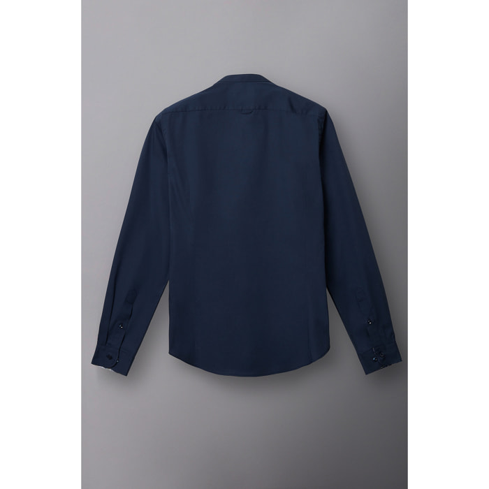 Camicia Uomo Coreano Slim Popeline Stretch Unito Blu