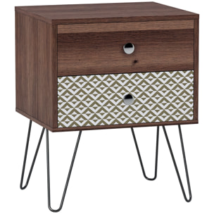 Mesita de Noche con 2 Cajones Mesilla de Noche con Patas de Acero Estilo Bohemio Mesa de Noche para Dormitorio Salón 45x39x55,5 cm Marrón