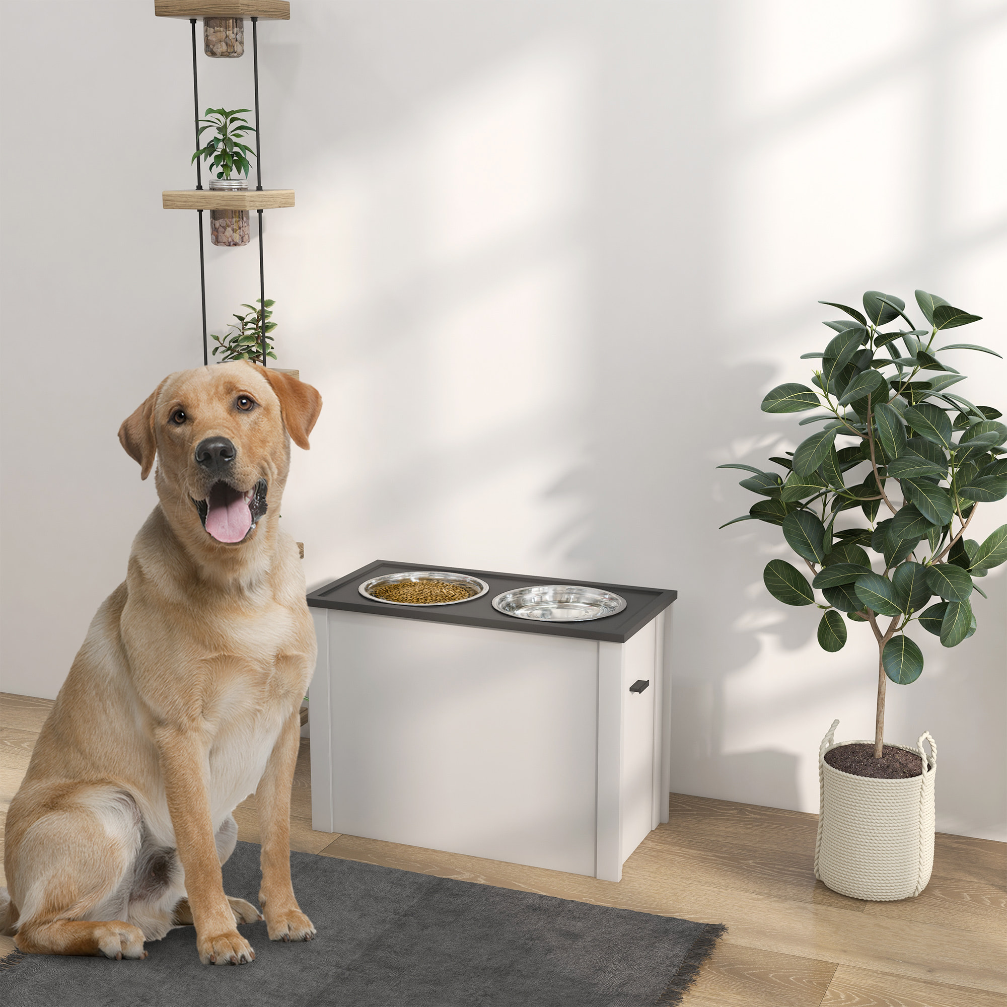 Gamelle double chien - porte-gamelles surélevé rangement 2 en 1 - tiroir, 2 gamelles - acier inox. MDF gris blanc