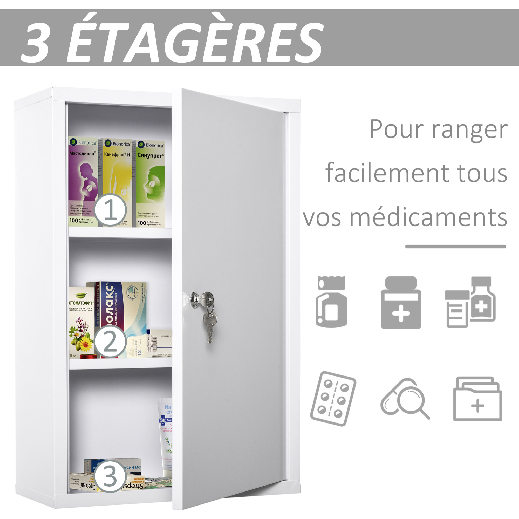 Armoire à pharmacie 2 étagères 3 niveaux verrouillable dim. 40L x 18l x 60H cm 2 clés métal blanc