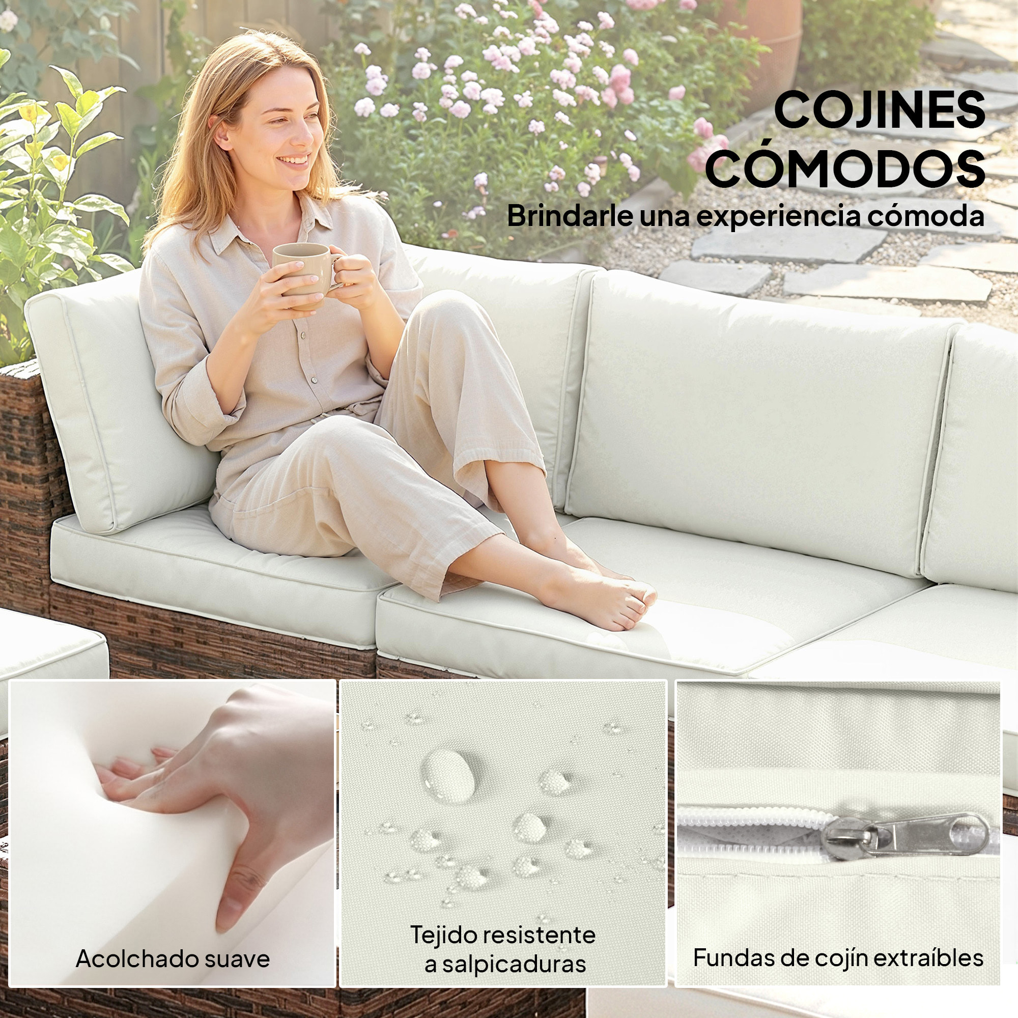 Conjunto de Jardín de Ratán de 6 Piezas, Conjunto Terraza Resistente, Muebles Jardín Exterior Incluye Cojines, 4 Módulos de Asiento, 1 Sofá Esquinero y Mesa Centro de Vidrio, Marrón Mixto