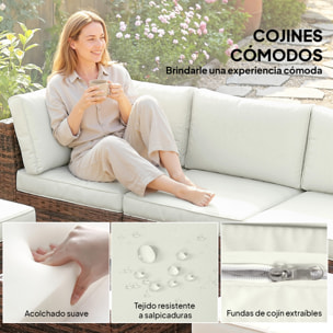 Conjunto de Jardín de Ratán de 6 Piezas, Conjunto Terraza Resistente, Muebles Jardín Exterior Incluye Cojines, 4 Módulos de Asiento, 1 Sofá Esquinero y Mesa Centro de Vidrio, Marrón Mixto