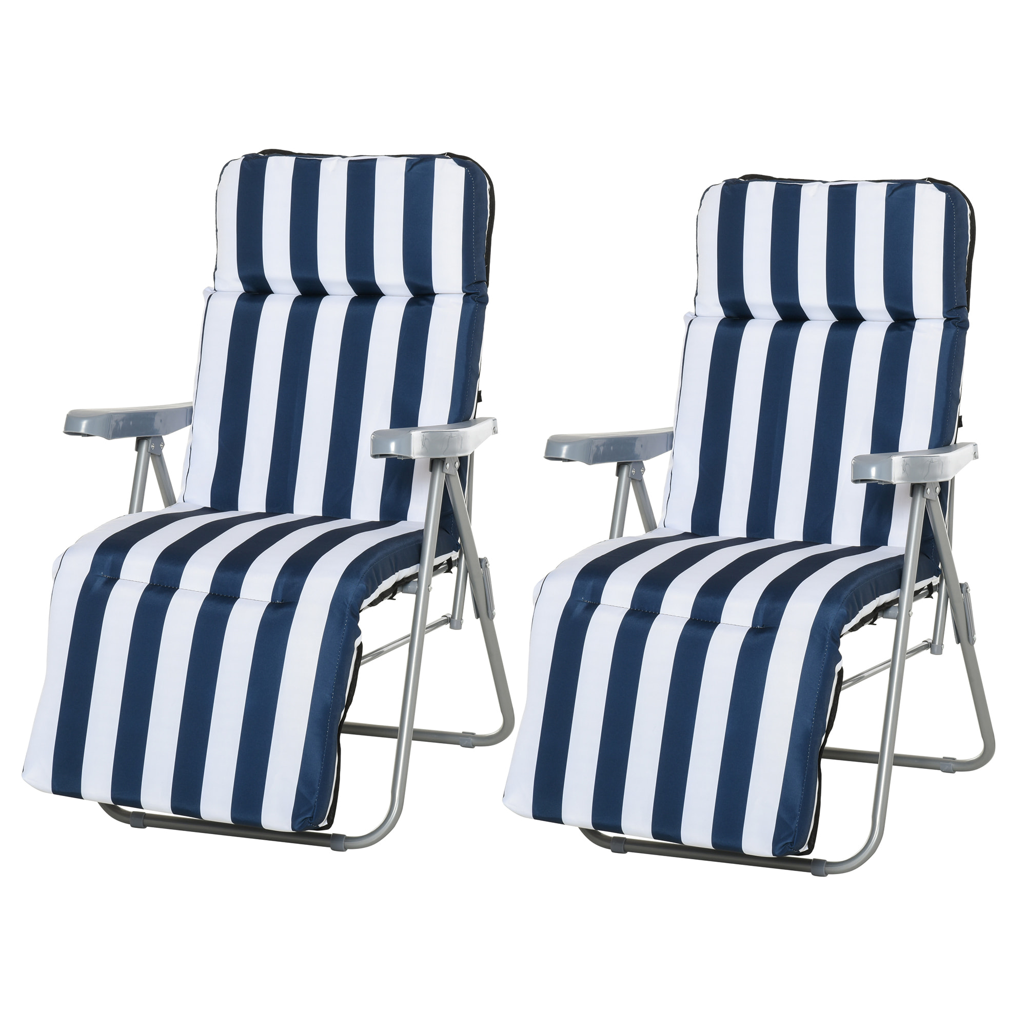 Lot de 2 chaise longue bain de soleil adjustable pliable transat lit de jardin en acier bleu + blanc