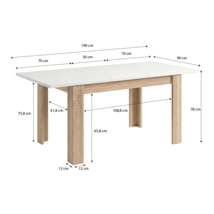 Mesa de comedor extensible en roble canadian y blanco mate 140-190x90 cm Sira Roble Canadian - Blanco Artik (Blanco Mate)