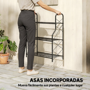 Soporte para Plantas de 3 Niveles para Interior y Exterior, Estantería para Plantas de Metal con Patas Ajustables y Asas, Resistente y Estable, para Macetas, Patio, Jardín, Balcón, Negro