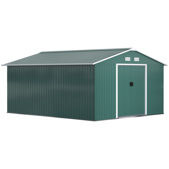 Caseta de Jardín Exterior, 12,4 m² 340x386x200 cm, Cobertizo de Jardín Exterior Metálico con Puerta Corredera, Base Refuerzo (Suelo NO Incluido) y Ventanas Verde
