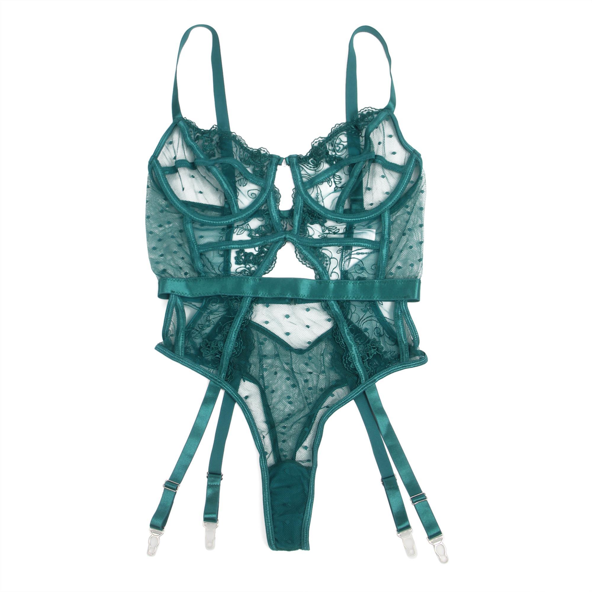 Body sexy con encaje bordado y tirantes calados en color verde