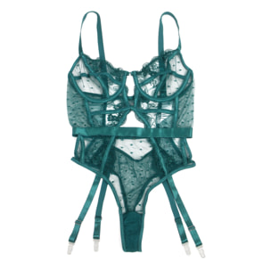 Body sexy con encaje bordado y tirantes calados en color verde
