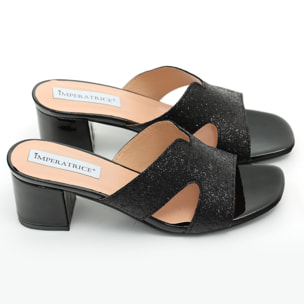 Sandali in simil pelle con tacco comodo e fascia brillantinata