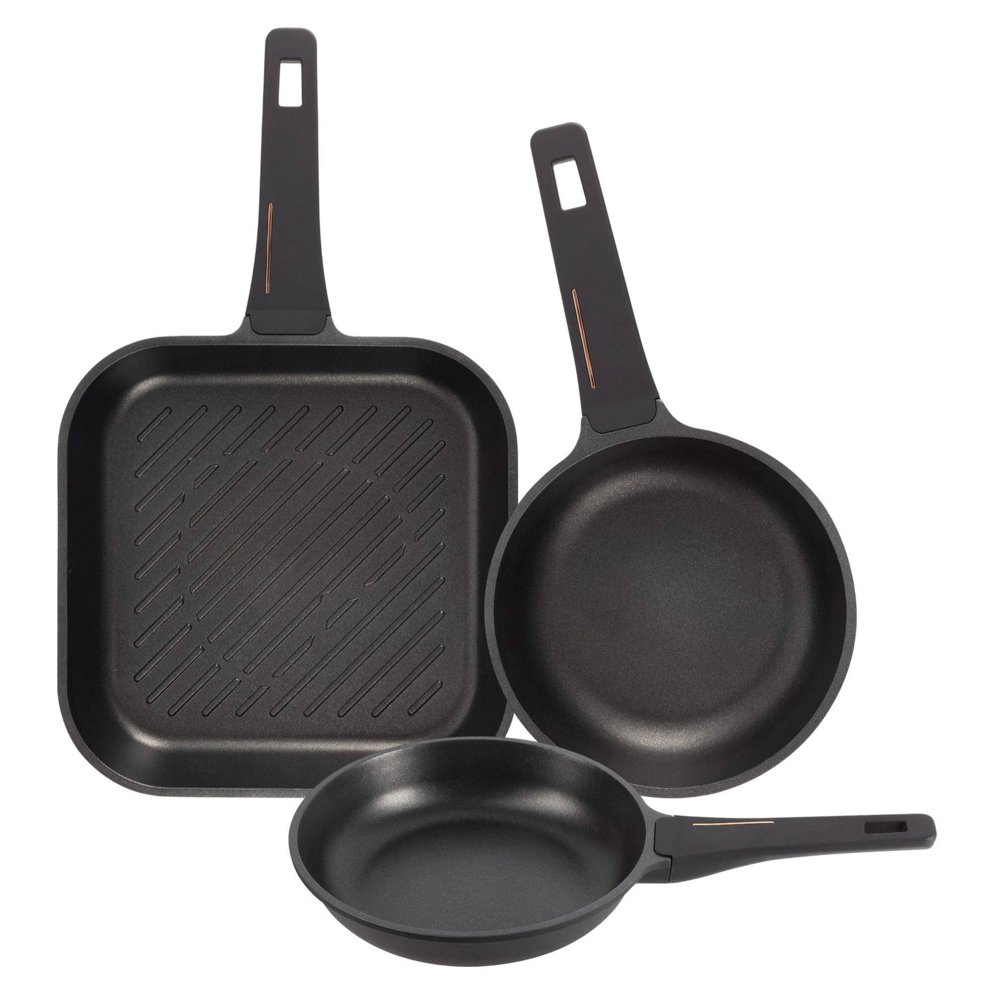 Juego de 2 Sartenes Ø20Ø24cm + Sartén Grill 28x28cm en aluminio fundido color Negro Copper Bergner