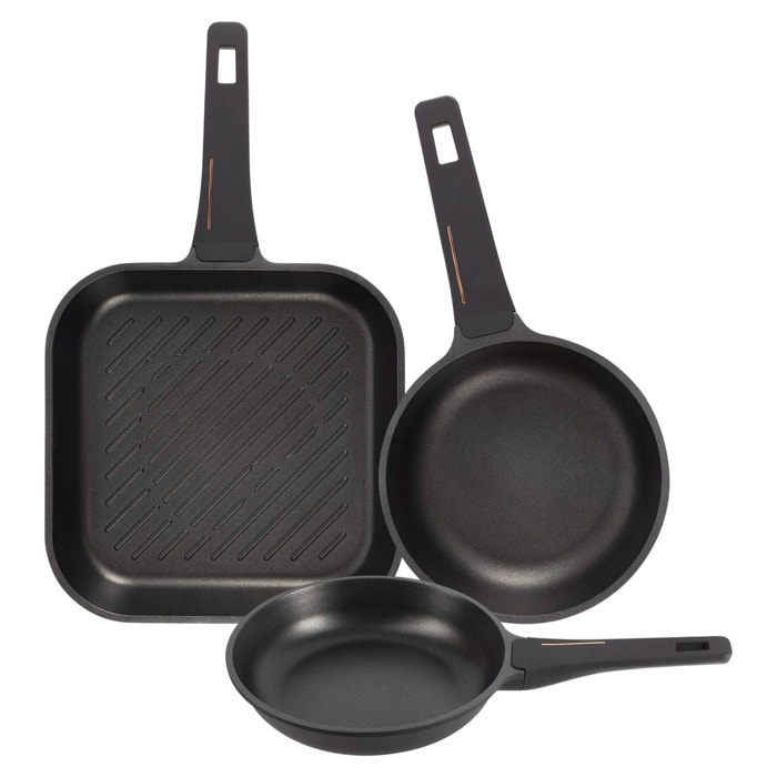 Juego de 2 Sartenes Ø20Ø24cm + Sartén Grill 28x28cm en aluminio fundido color Negro Copper Bergner