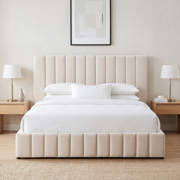 Lit Coffre Trocadéro en Velours Beige, Grand espace de Rangement, Tête de Lit Rembourrée, Sommier à Lattes Actives, Robuste et Confortable