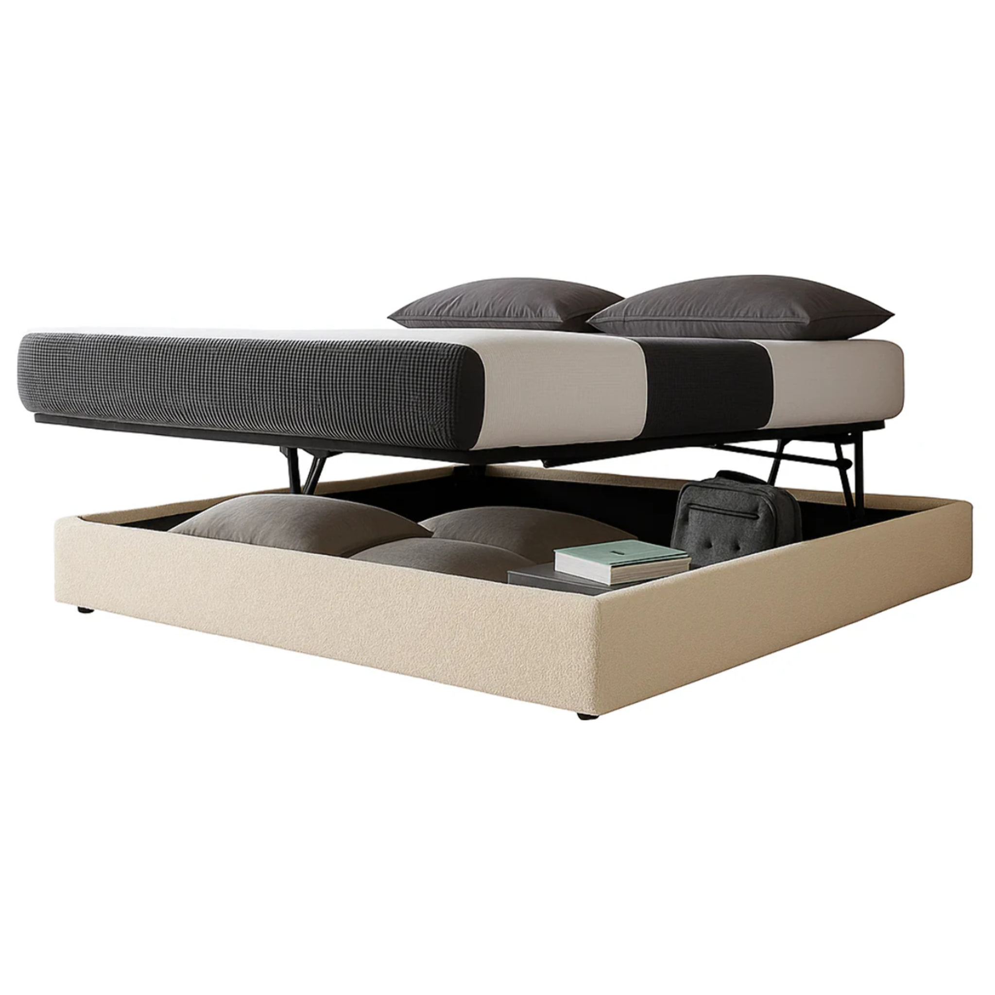 Lit coffre Parallèle | 3 Positions : Stocker, Faire Le lit, Repos | Espace de stockage jusqu'à 900 L | Bouclette | Sable