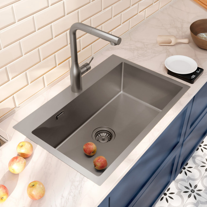 Timeless Évier de cuisine encastrable en inox 304, 68x45x21 cm, 1 bac, Gun Metal brossé PVD