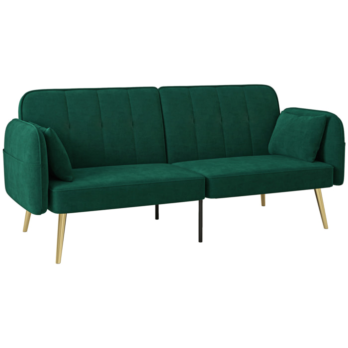 Canapé convertible 2 places style Art déco 2 coussins inclus piètement effilé métal doré velours vert emeraude