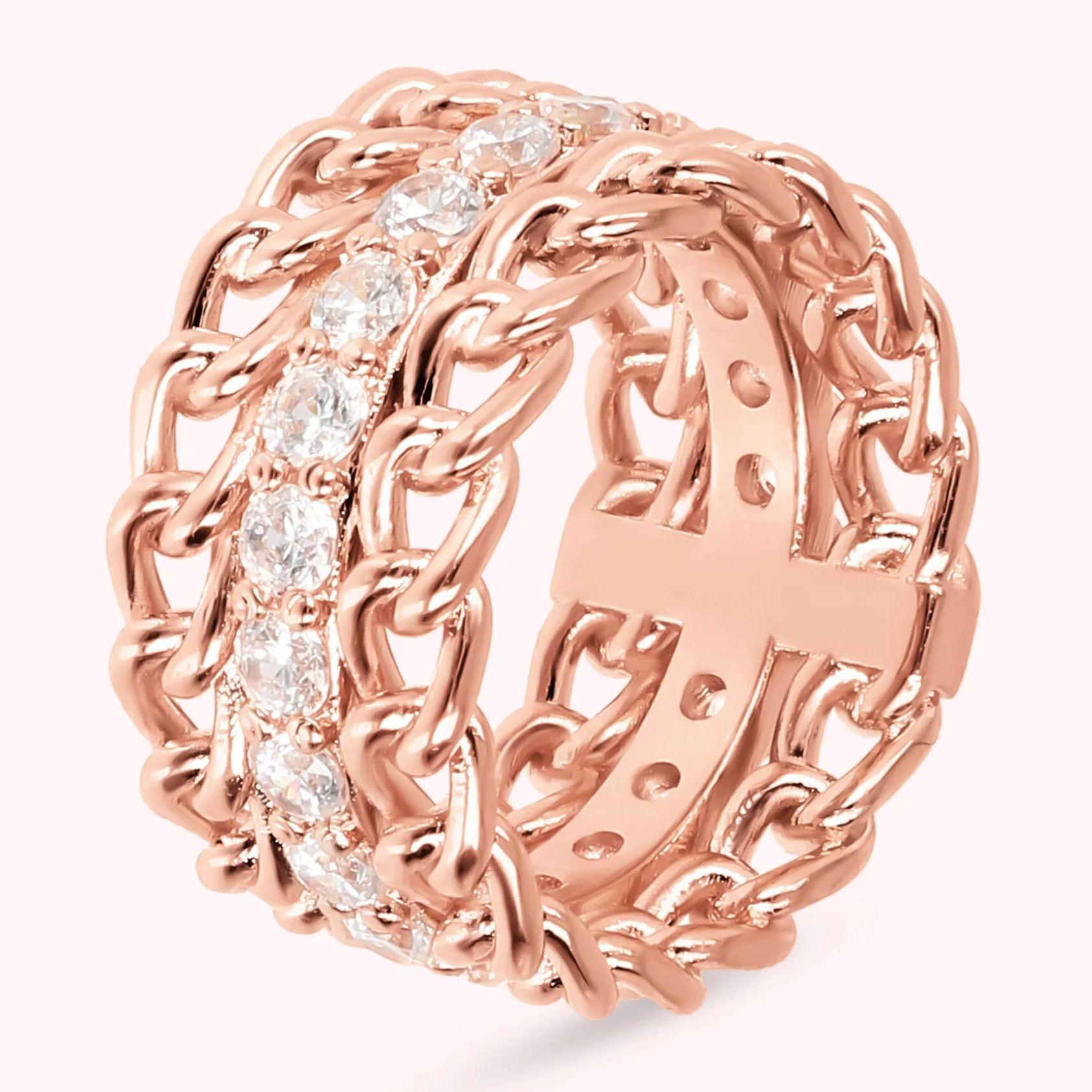 Anello a Fascia con Catena Grumetta e Riviera in Cubic Zirconia