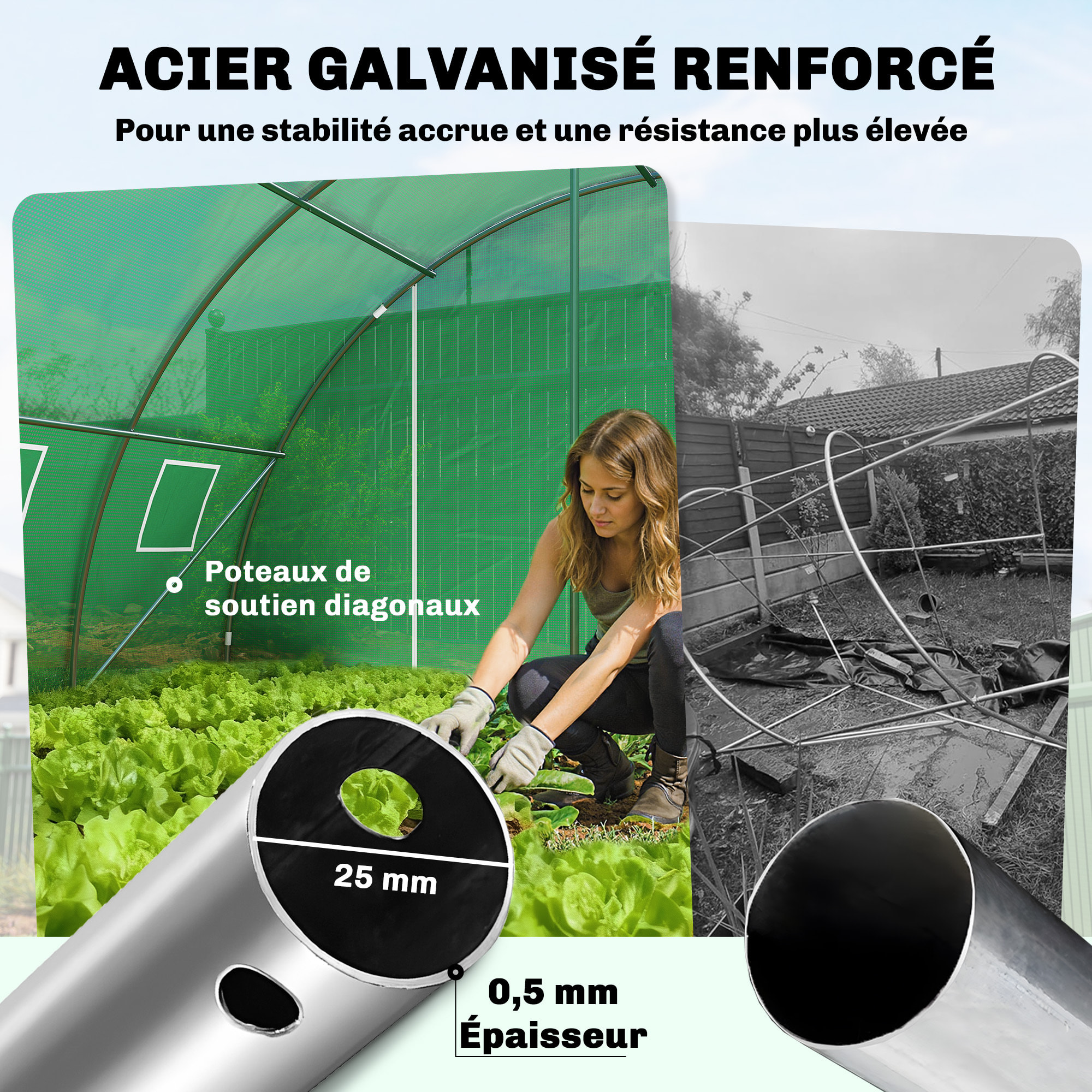 Serre tunnel de jardin acier galvanisé Ø25mm bâche PE vert