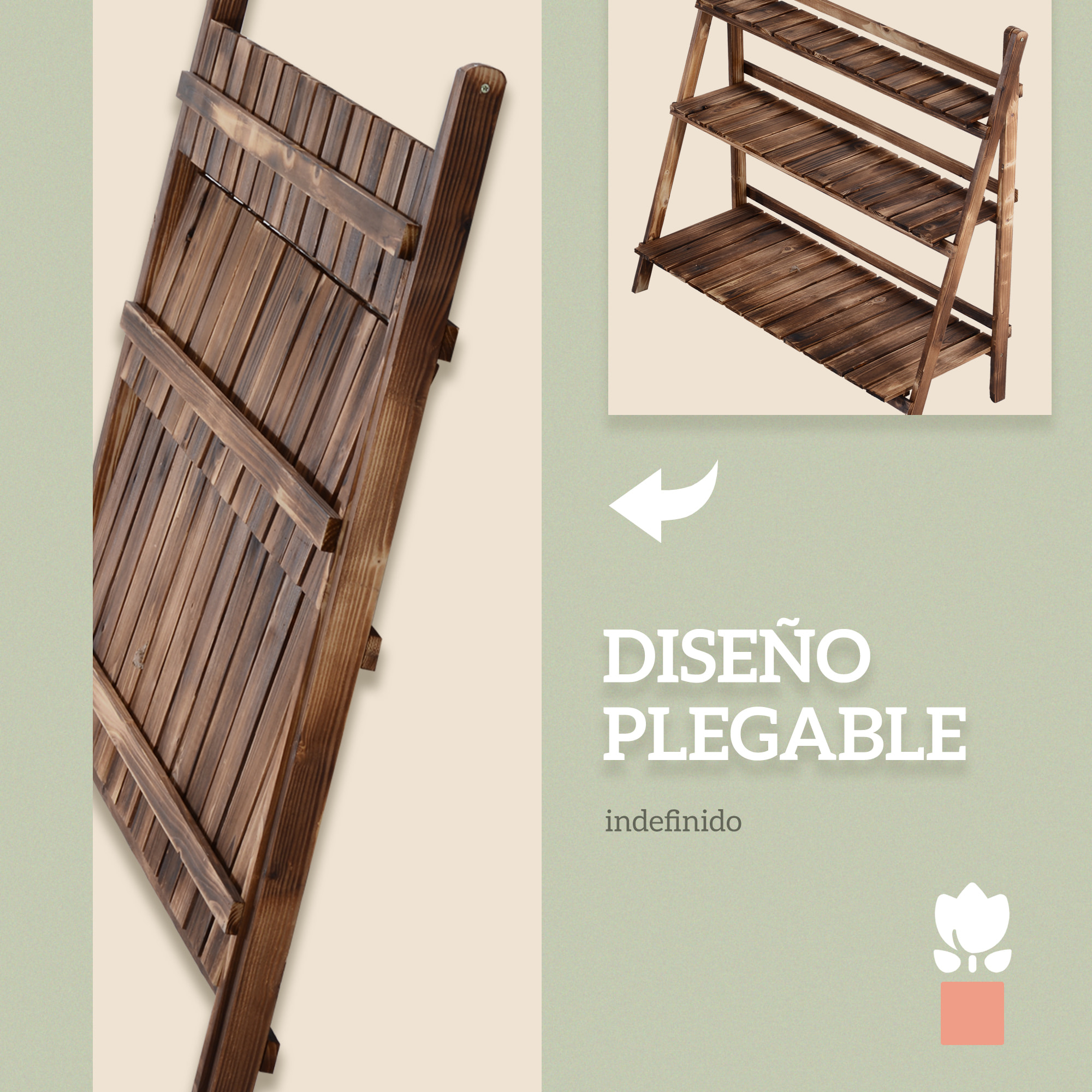 Soporte para Plantas de Madera de 3 Niveles, Estantería para Plantas Plegable con Base de Listones, Soporte para Macetas para Interior y Exterior, Terraza, Jardín, 100x37x93 cm, Carbonizado