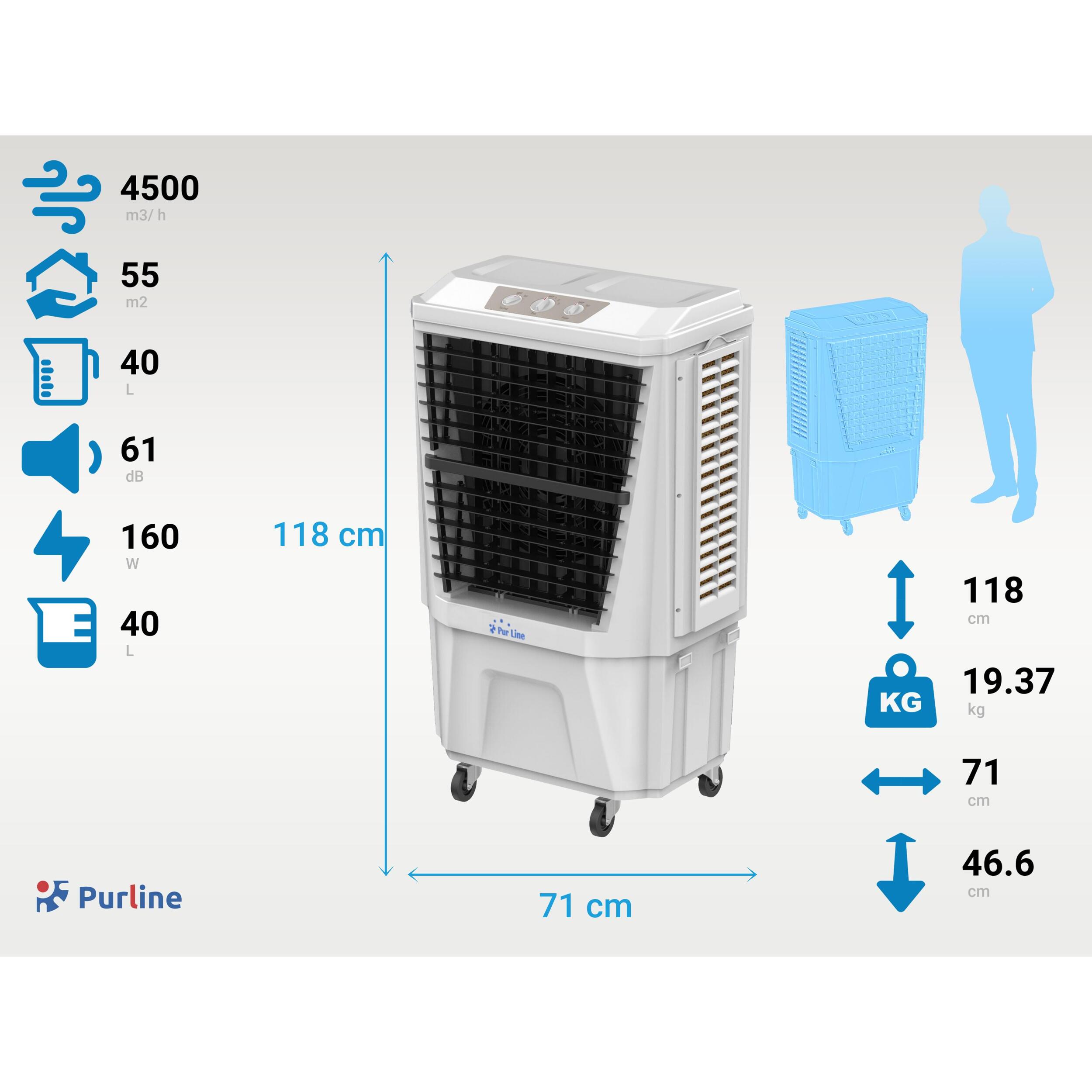 Rafraichisseur d'air par évaporation à débit élevé minuterie et 3 vitesses