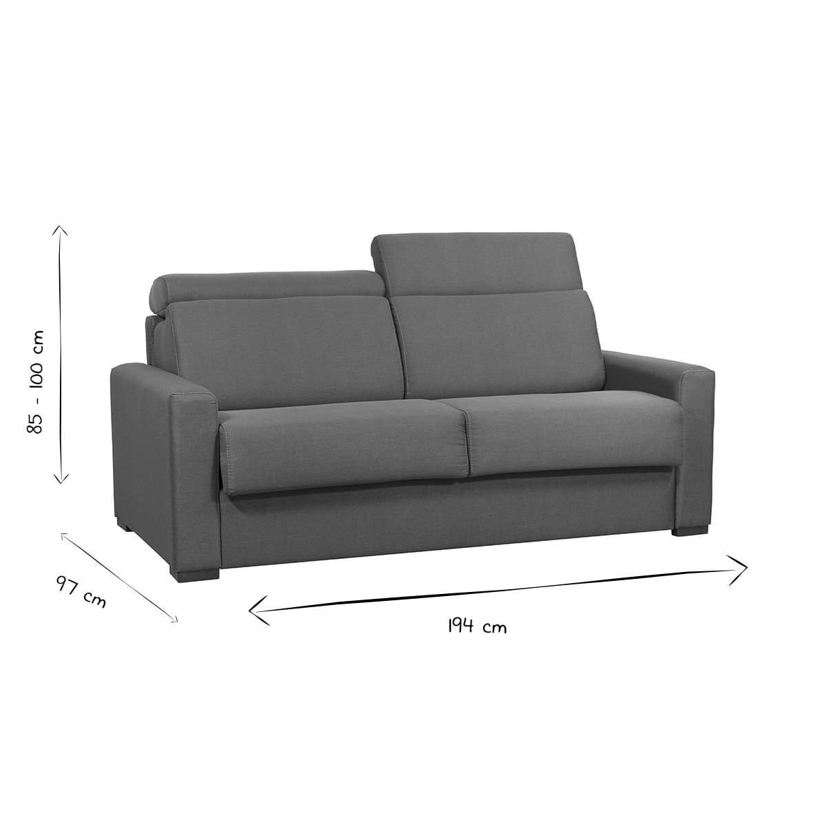 Canapé convertible avec têtières ajustables 3 places en tissu bleu canard avec matelas 18 cm NORO