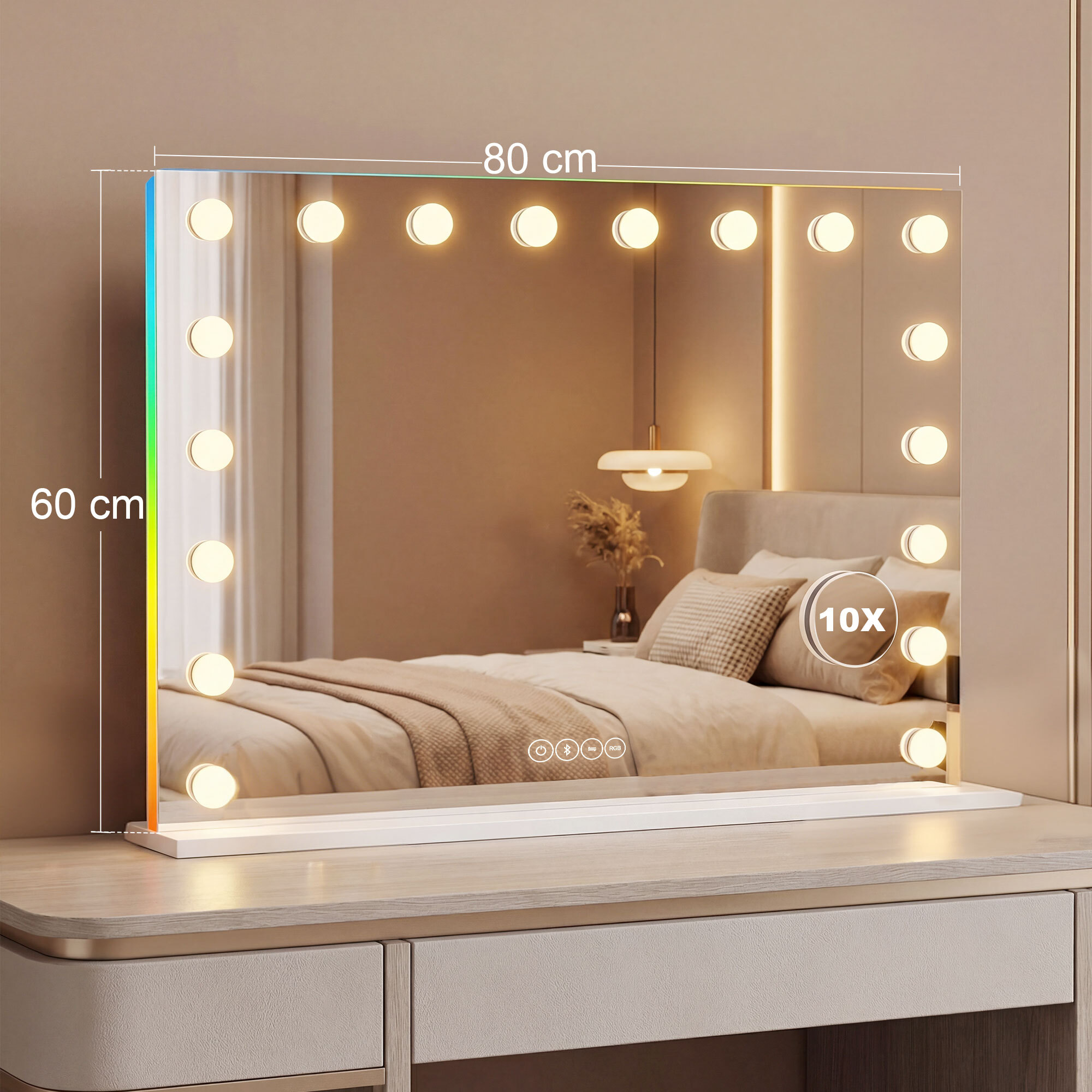 Miroir maquillage Hollywood lumineux LED tactile réglable 18 ampoules HP bluetooth