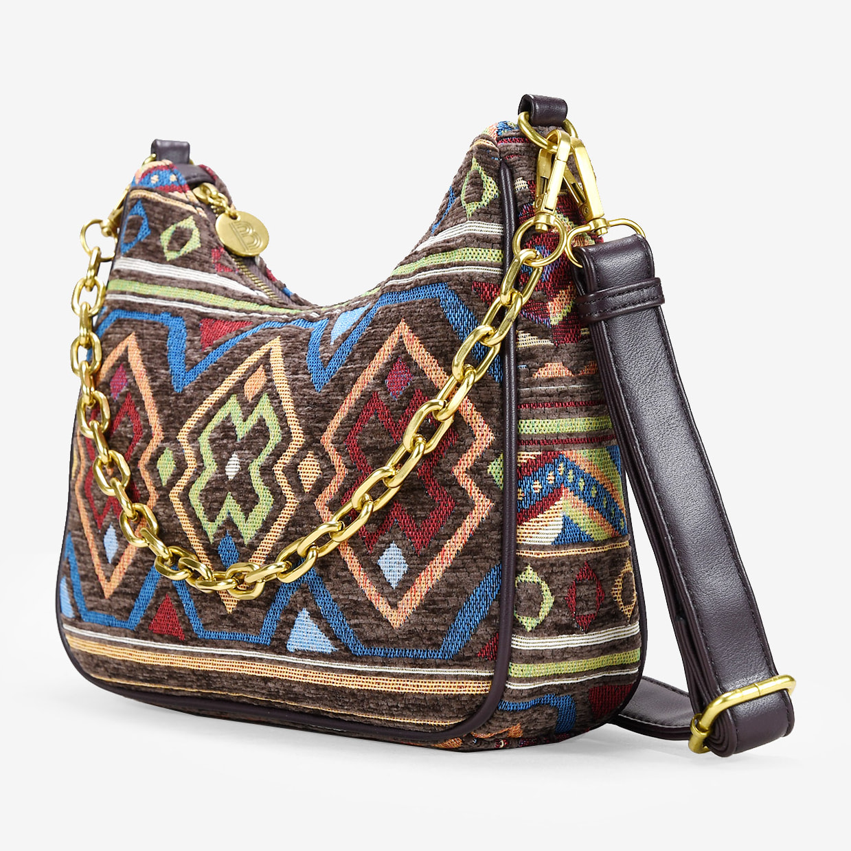 Bolso de hombro marrón con estampado jacquard