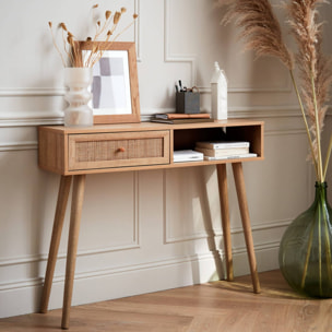 Console en cannage 100x29x81cm  -  Bohème -  Naturel. 1 tiroir.1 espace de rangement. pieds scandinaves décor bois. 1 poignée