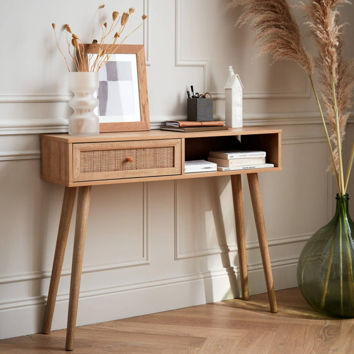 Console en cannage 100x29x81cm  -  Bohème -  Naturel. 1 tiroir.1 espace de rangement. pieds scandinaves décor bois. 1 poignée