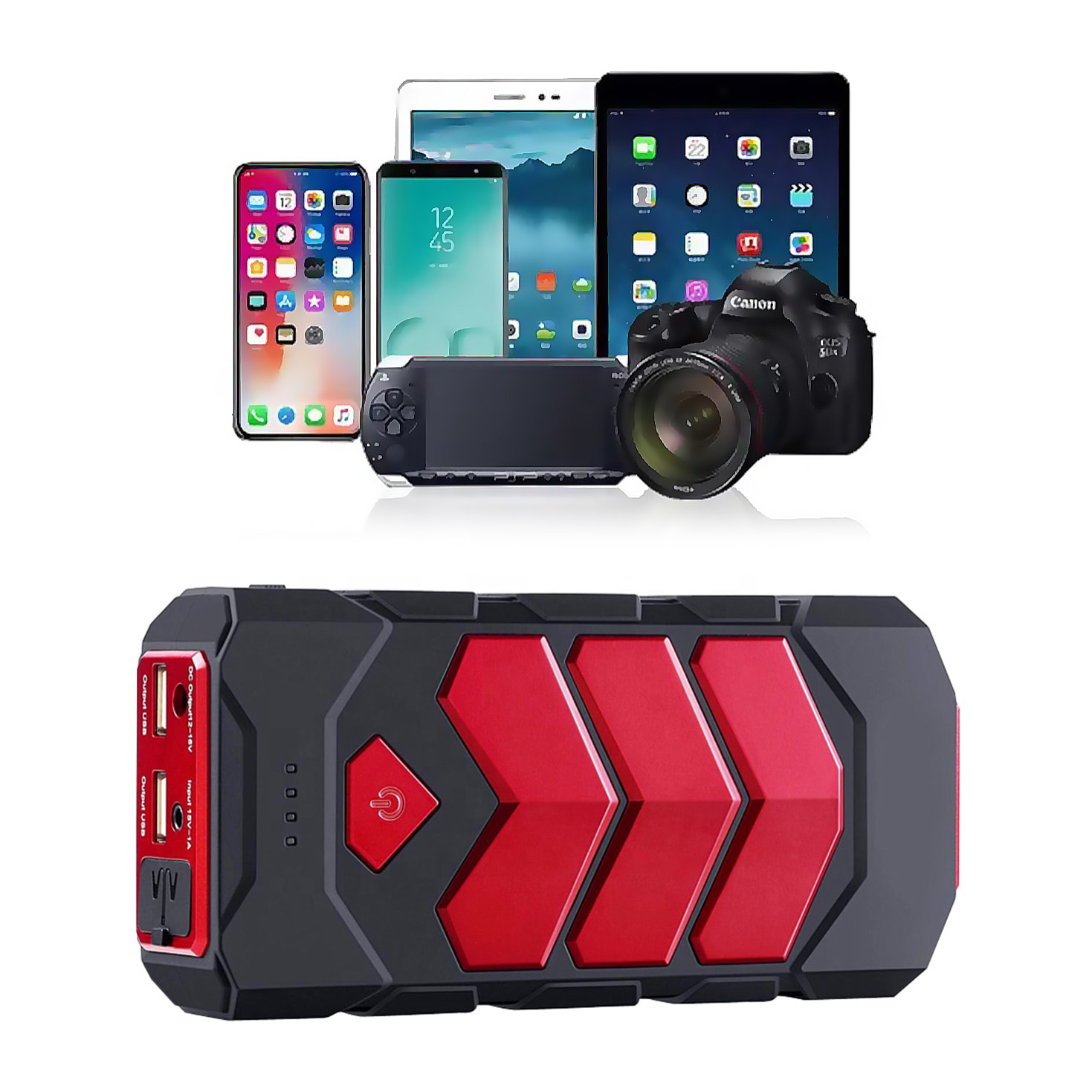 Powerbank da 30.000 mAh con avviamento per auto 12V. Veicoli a benzina fino a 5L e 2,5L diesel. Funzione caricabatterie per più dispositivi.