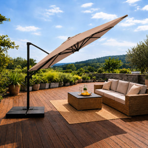 Parasol rectangulaire 3x4 déporté rotatif taupe en aluminium GHAZIE