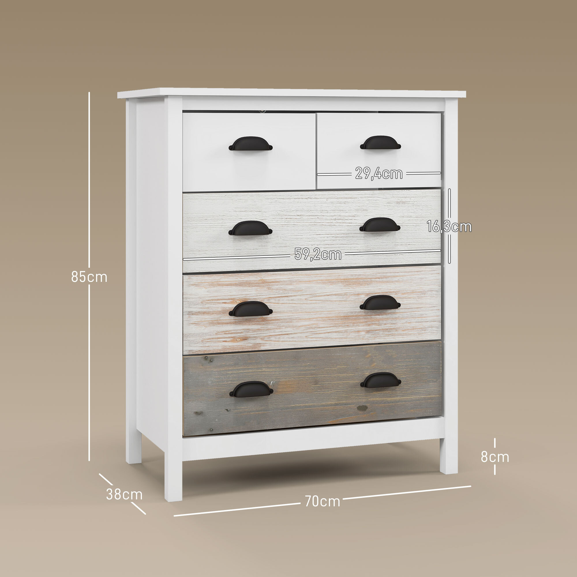 Commode 5 tiroirs style  shabby chic - poignées coquille métal noir - 70 x 38 x 85 cm - blanc effet bois