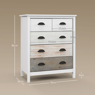 Commode 5 tiroirs style  shabby chic - poignées coquille métal noir - 70 x 38 x 85 cm - blanc effet bois