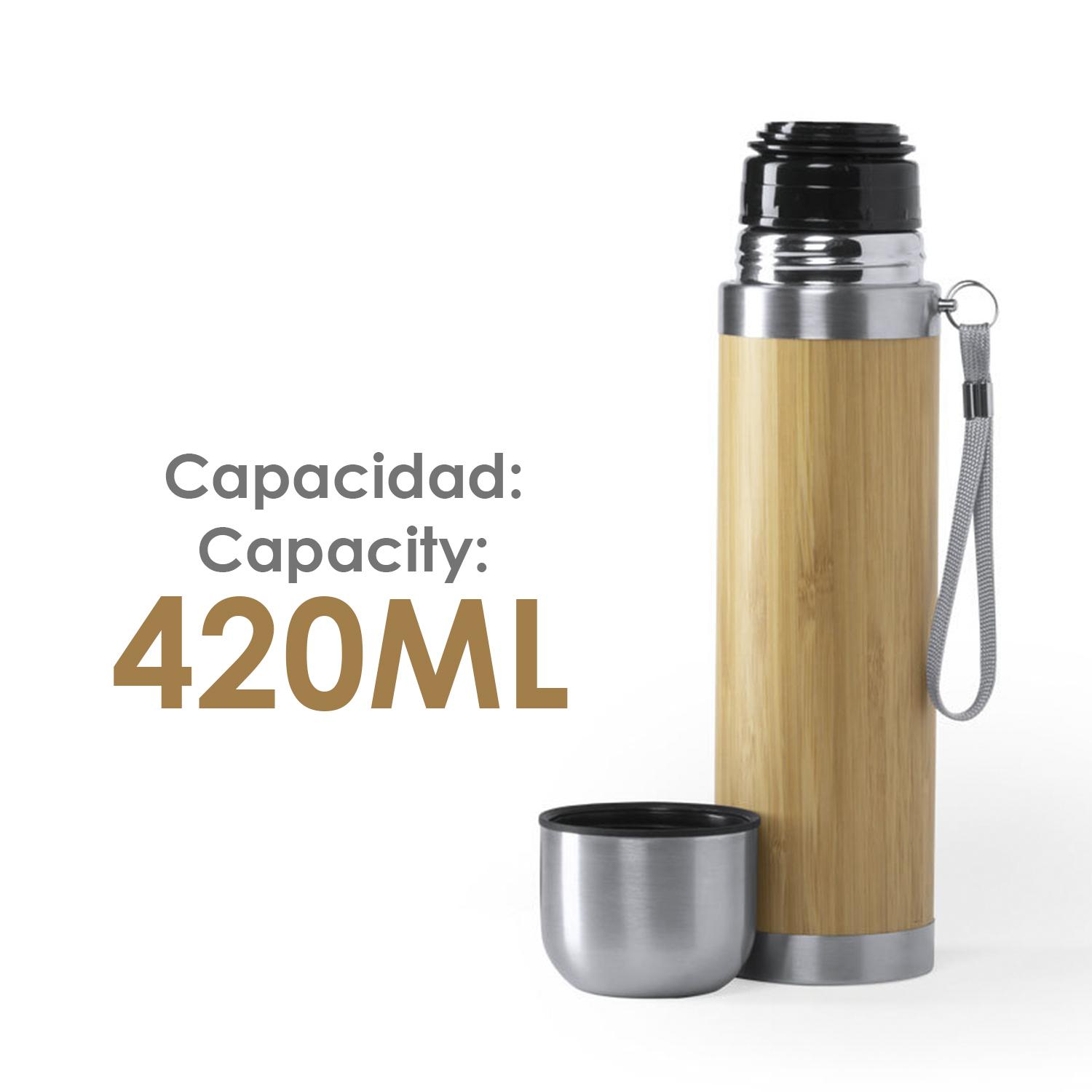 Tiaky termo de bambú y acero inox de 420ml. Cobertura para conservar de la temperatura y cierre con tapón taza.