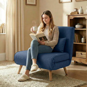 Sofá Cama Individual 3 en 1, Sillón Cama Plegable con Respaldo Ajustable en 5 Posiciones, Asiento Amplio, Almohada Acolchada, Patas de Madera, 72x75x85 cm, Azul Oscuro