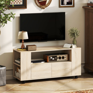 Mueble de TV con Ruedas, Mesa de TV Móvil, Mueble para Televisión hasta 42 Pulgadas, con 2 Cajones, Estantes Ajustables, para Salón, Comedor, Dormitorio, Madera Natural