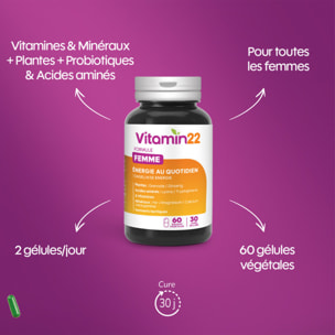 VITAMIN 22 - Specific Femme - A base de 14 vitamines et minéraux - Action fortifiante et anti-fatigue - Fabriqué en France - Cure de 30 j - 60 gélules