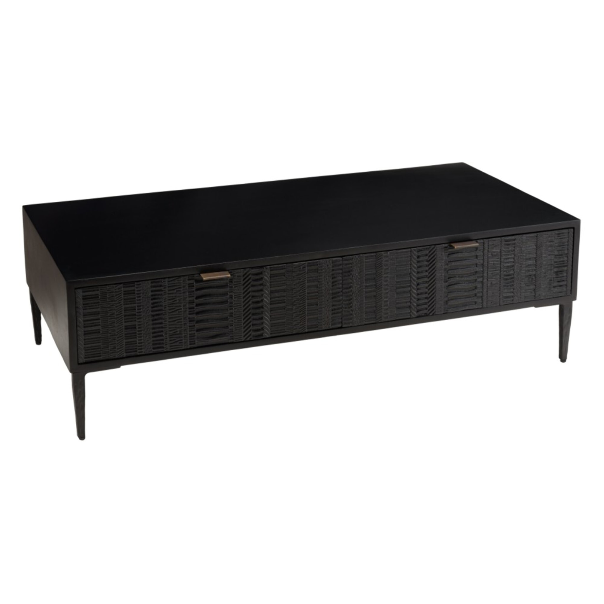 GLORIA - Table basse en manguier noir 2 tiroirs sculptés pieds métal