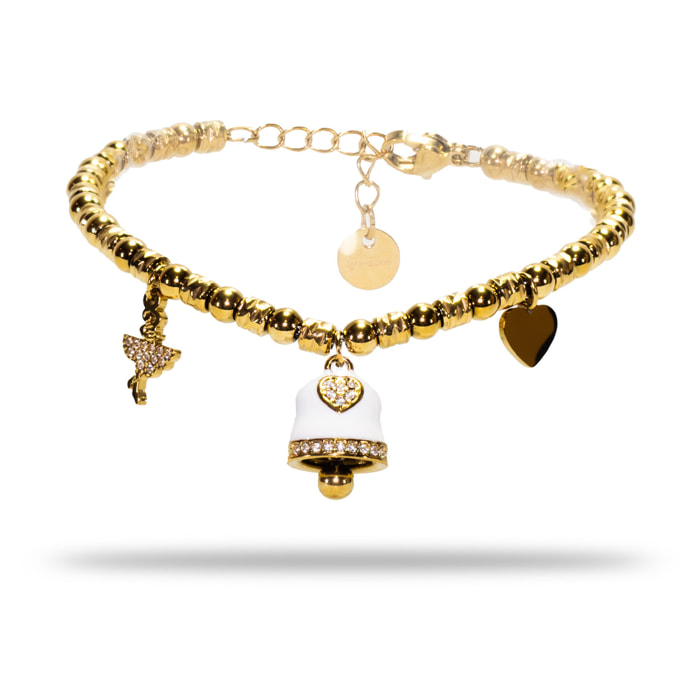 Bracciale in Acciaio Gold a sfere con charms bianco e strass